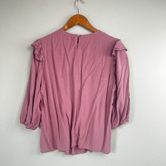 Adrienne Vittadini Blouse Round Neck Boxy Fit Ruffeled Long Sleeve Mauve Pink L - Picture 3 of 9